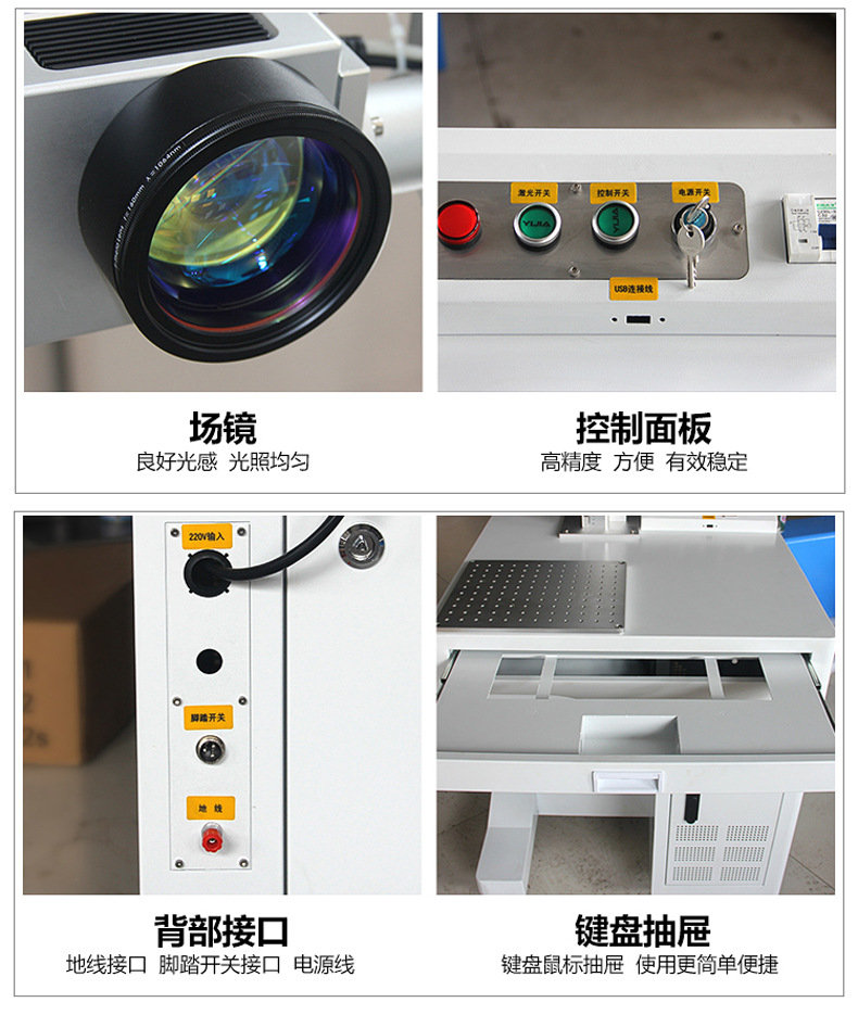 臺(tái)式小型光纖激光打碼機(jī)的場(chǎng)鏡、控制面板、背部接口、鍵盤抽屜展示圖